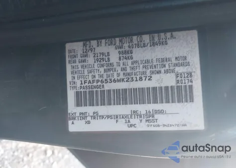 1998 Ford Contour Gl/Sport/Lx from USA, damaged, VIN 1FAFP6536WK231872